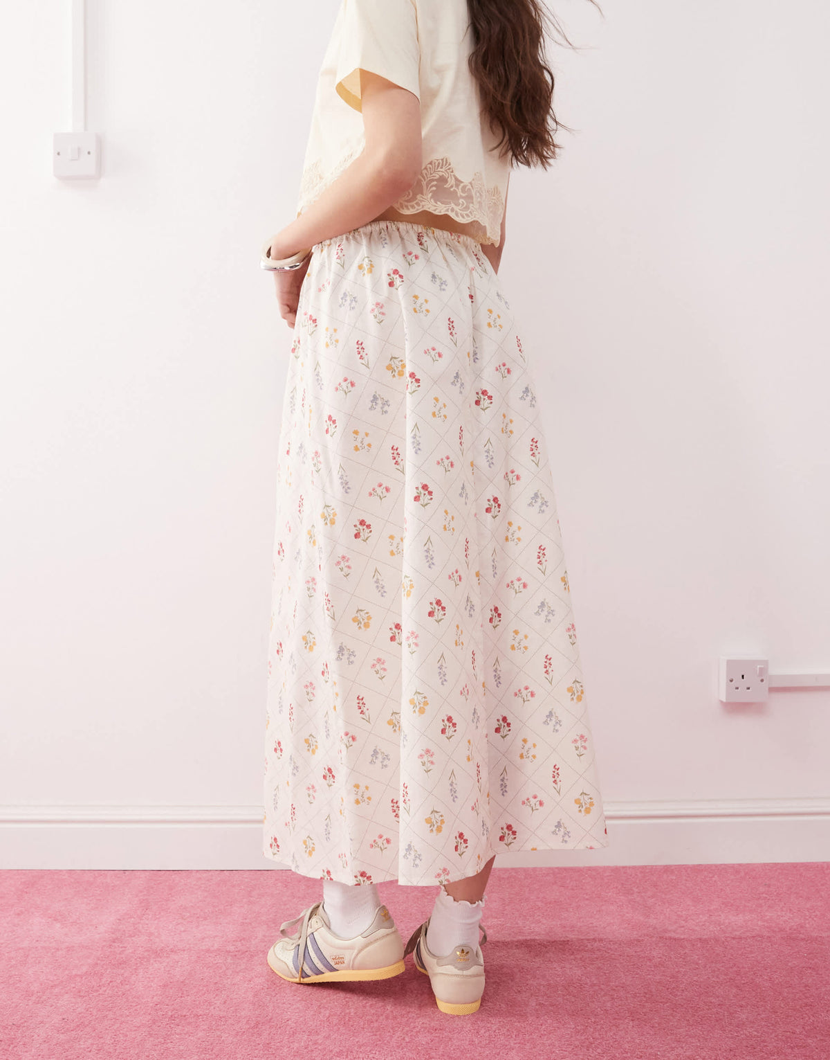 Miss Selfridge linen midi slip skirt in cream floral print