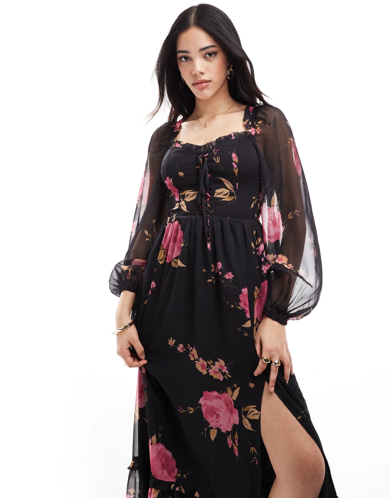 Miss Selfridge corset detail maxi dress in rose print