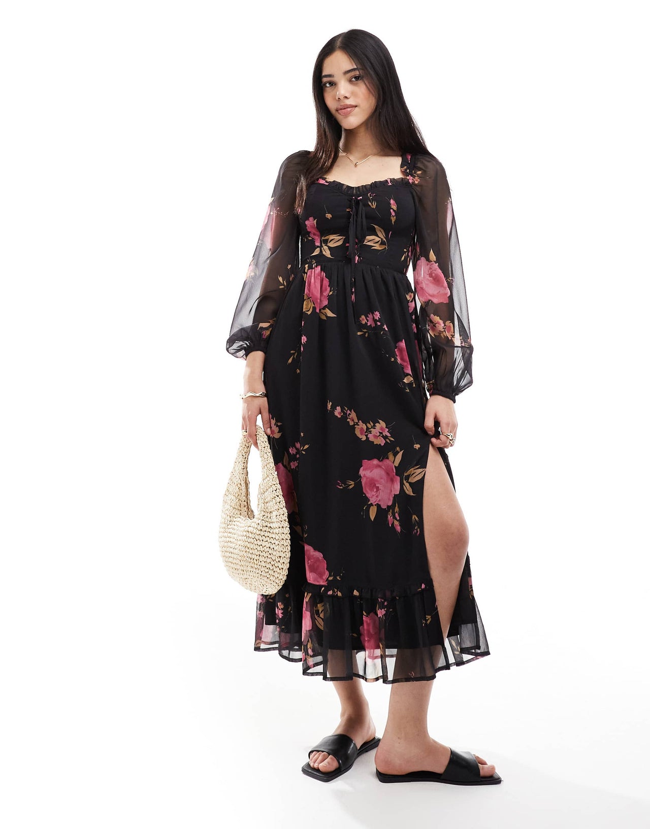 Miss Selfridge corset detail maxi dress in rose print