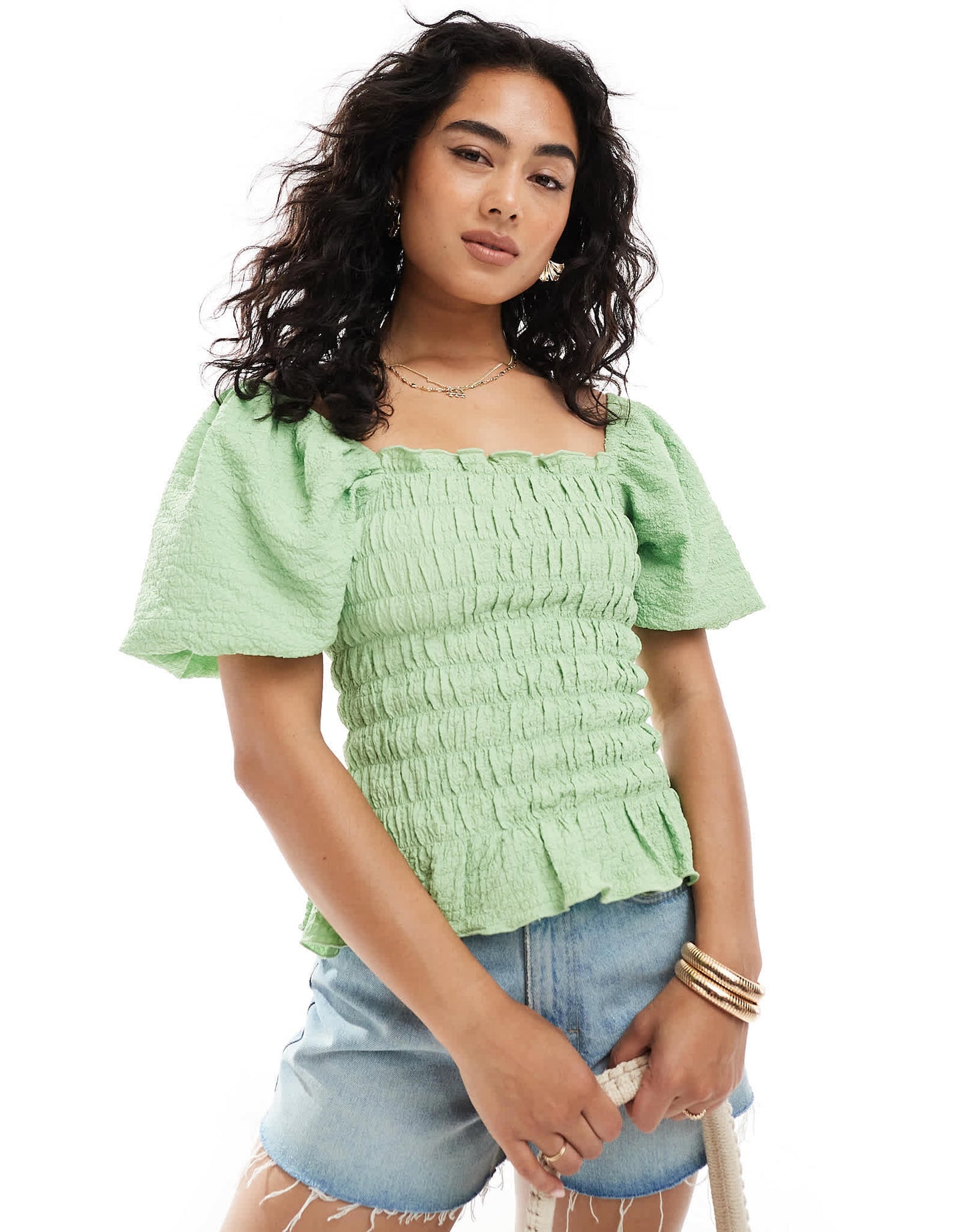 Miss Selfridge shirred detail blouse in green