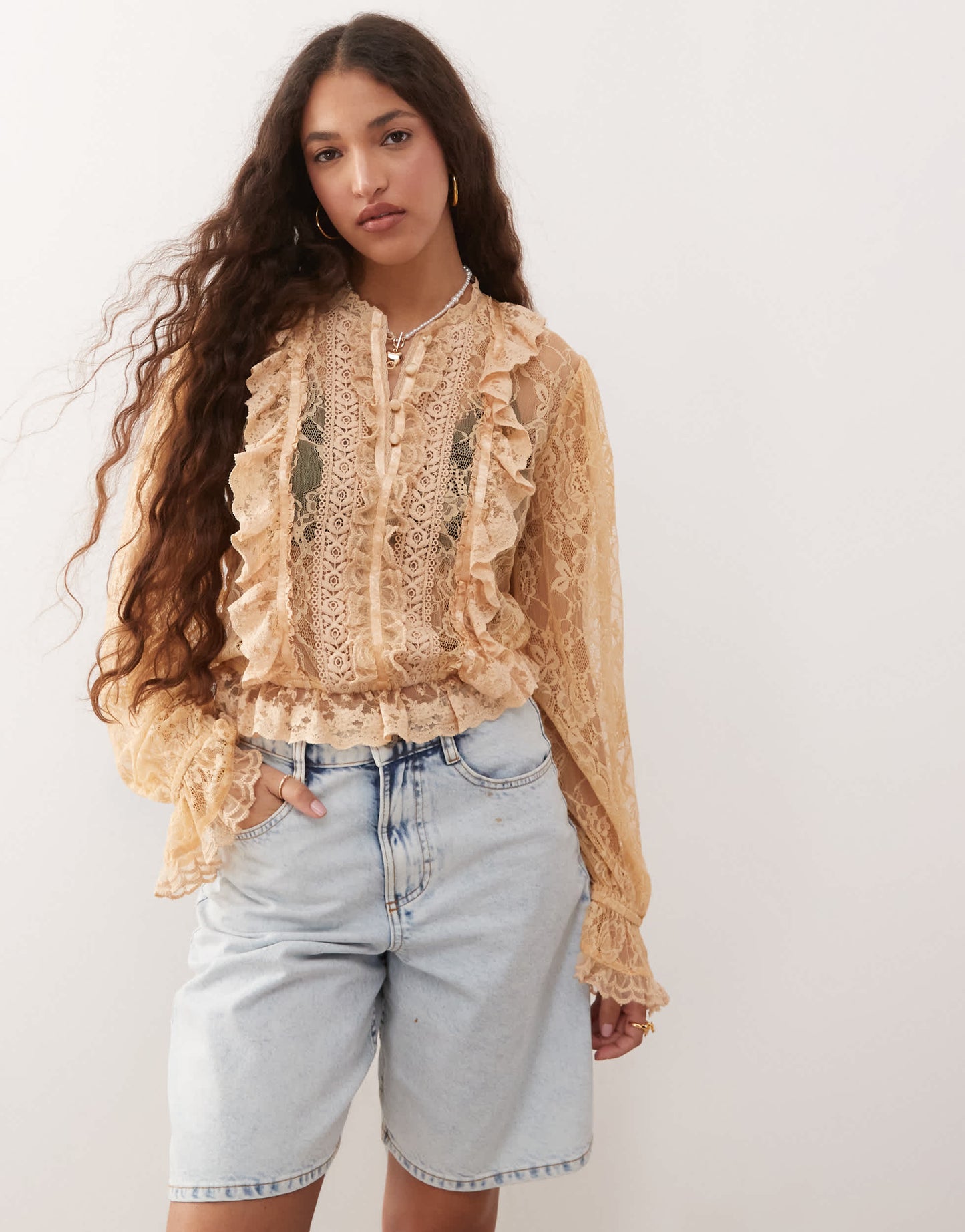 Miss Selfridge lace trim button through heritage blouse in cream