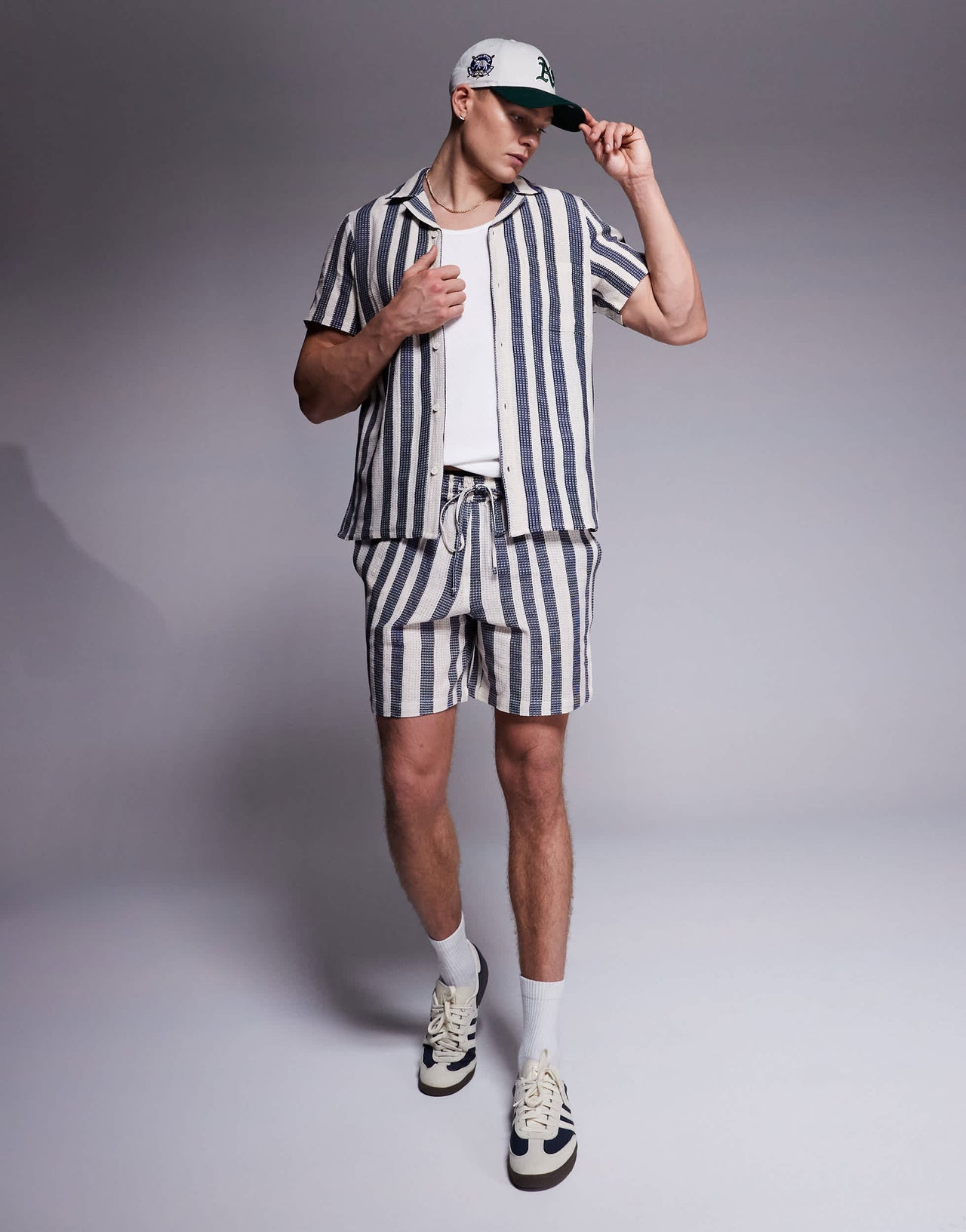 South Beach textured stripe short sleeve shirt co-ord in blue