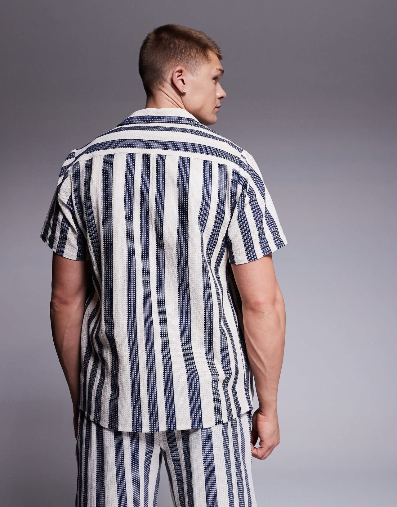 South Beach textured stripe short sleeve shirt co-ord in blue
