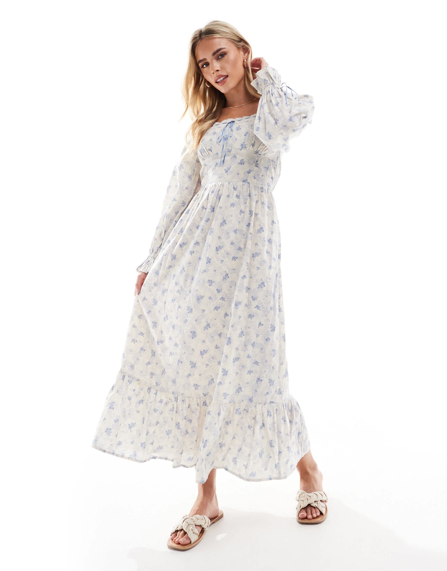 Miss Selfridge Petite milkmaid maxi dress in blue ditsy floral print