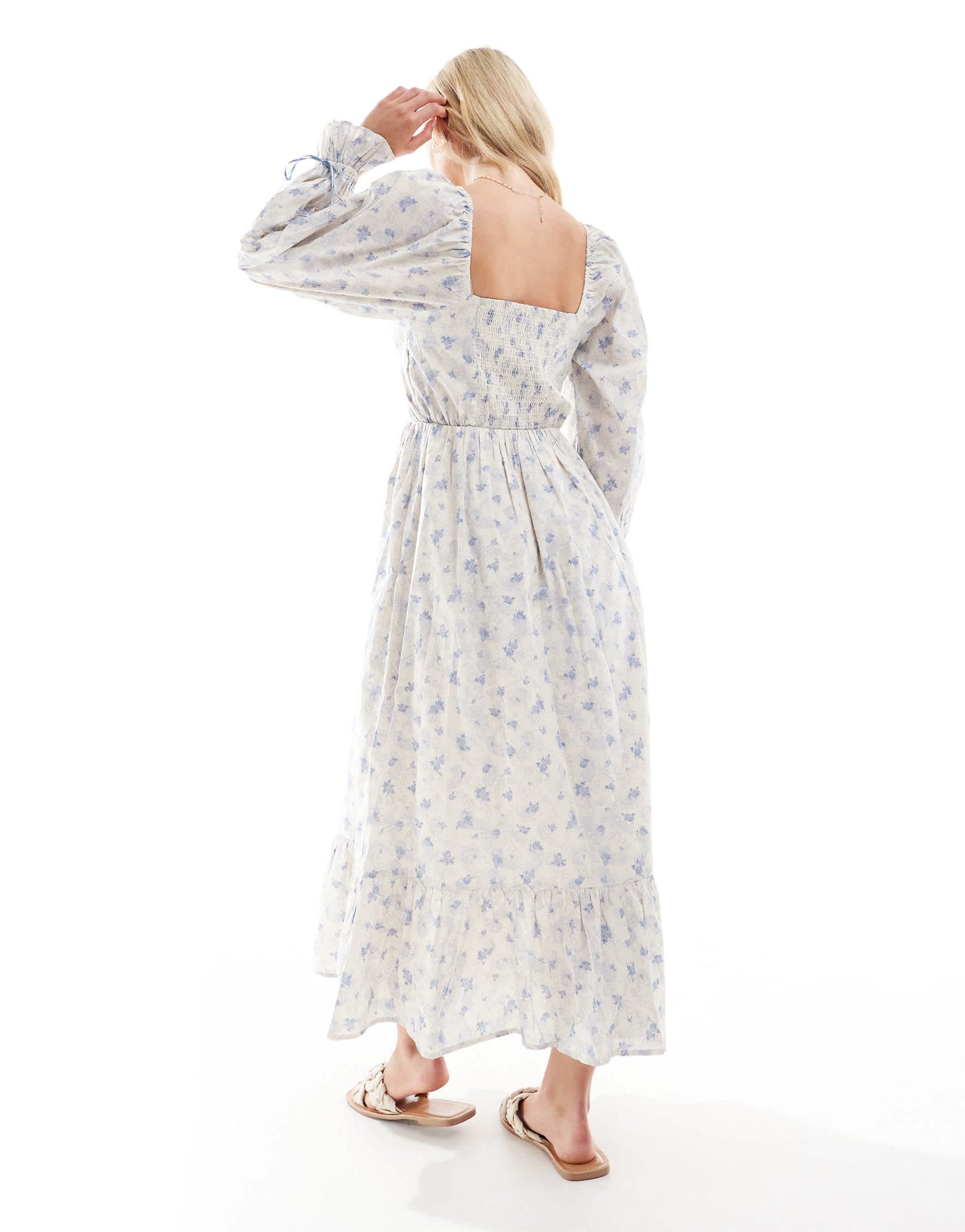 Miss Selfridge Petite milkmaid maxi dress in blue ditsy floral print
