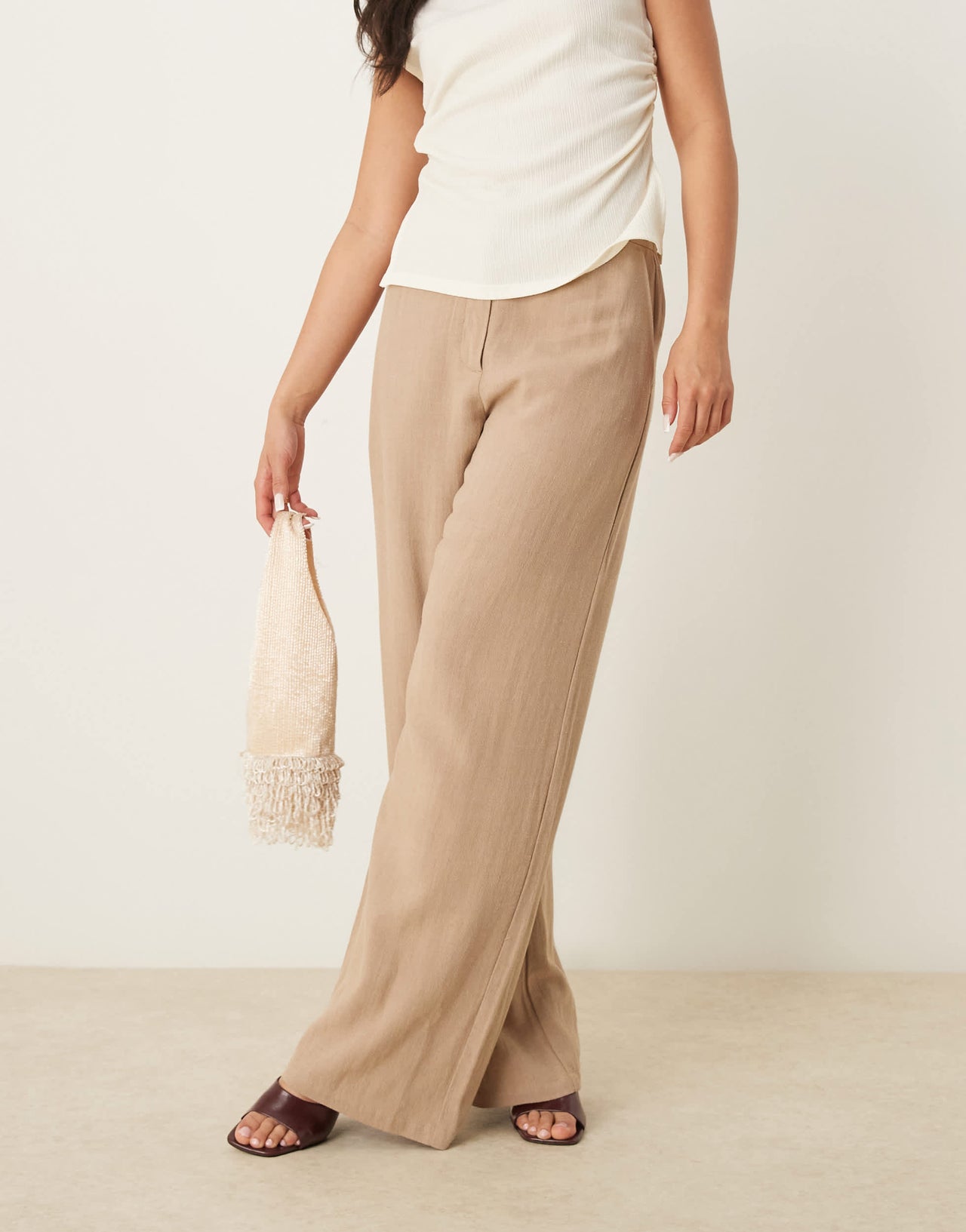 ASOS DESIGN relaxed straight leg trousers with linen in mocha
