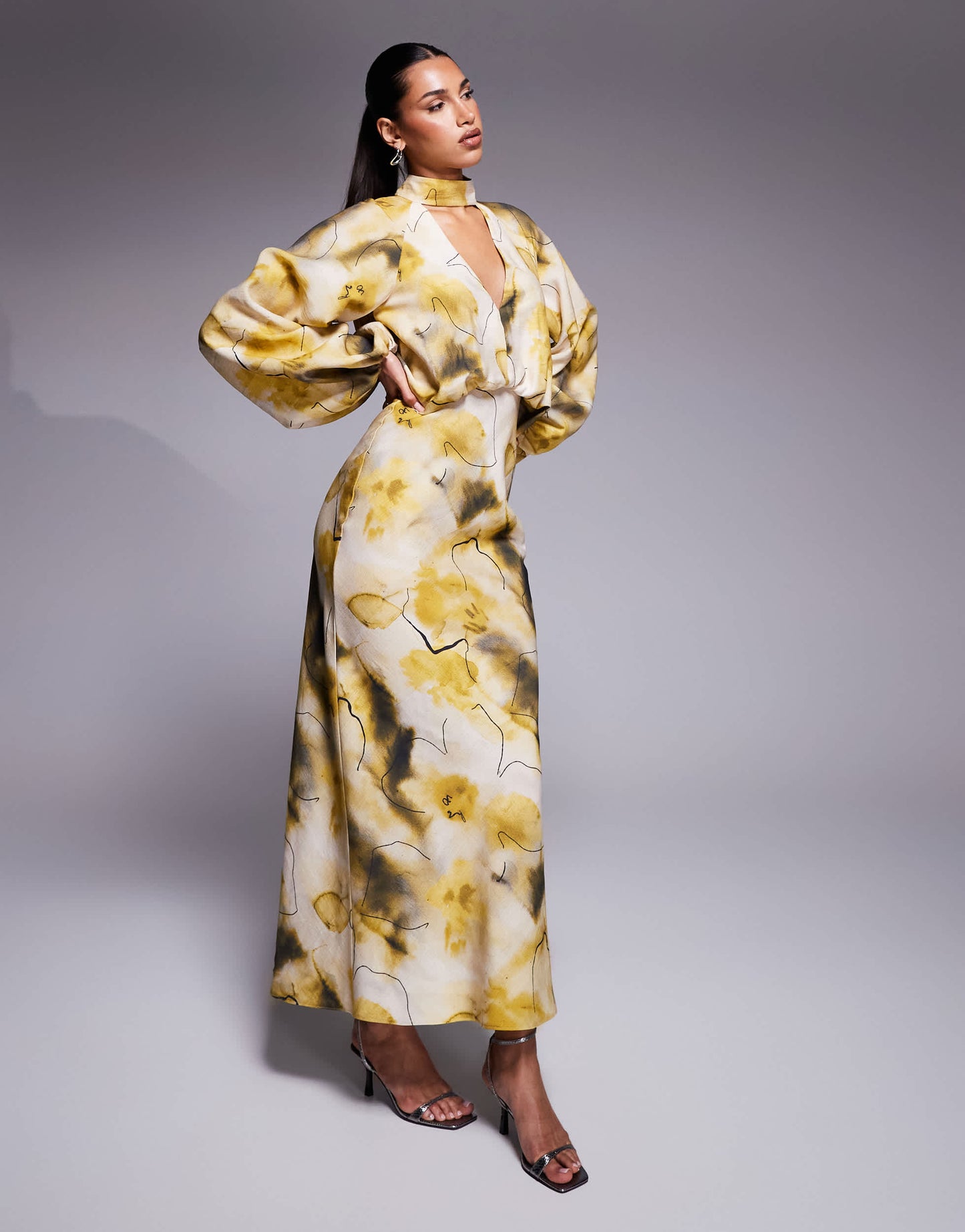 ASOS DESIGN high neck plunge maxi dress with blouson sleeves in green abstract print