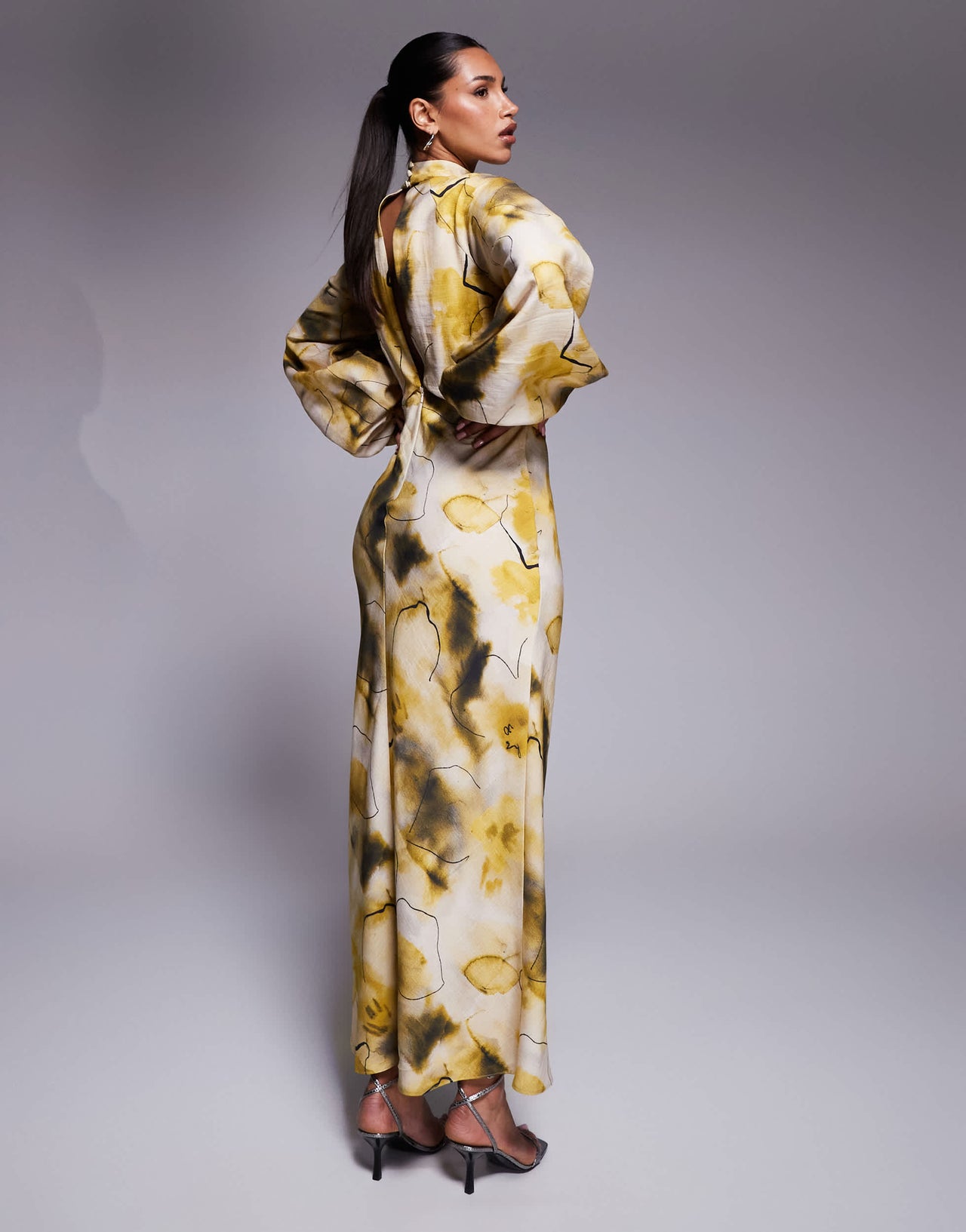 ASOS DESIGN high neck plunge maxi dress with blouson sleeves in green abstract print