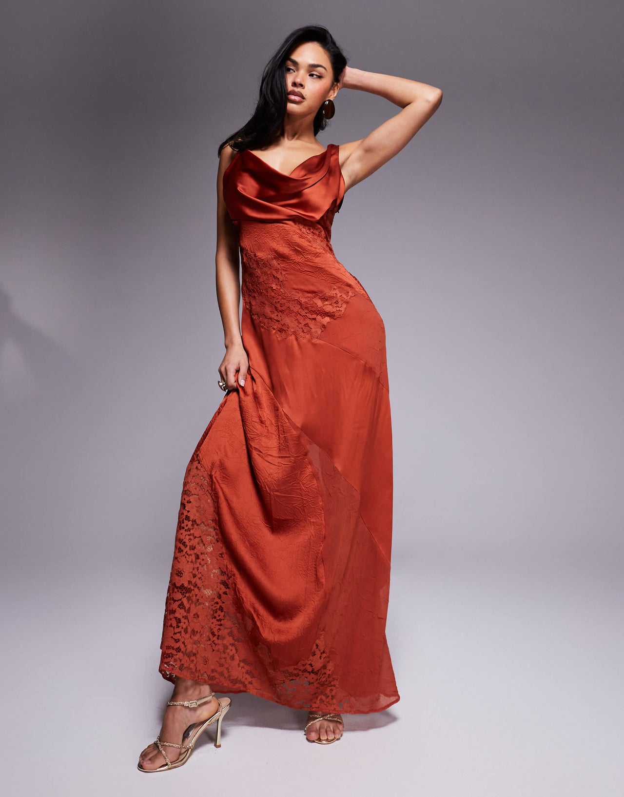 ASOS DESIGN cowl neck satin maxi dress with lace panelling in rust