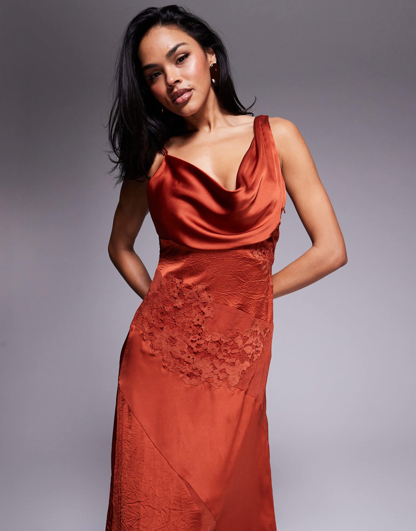 ASOS DESIGN cowl neck satin maxi dress with lace panelling in rust