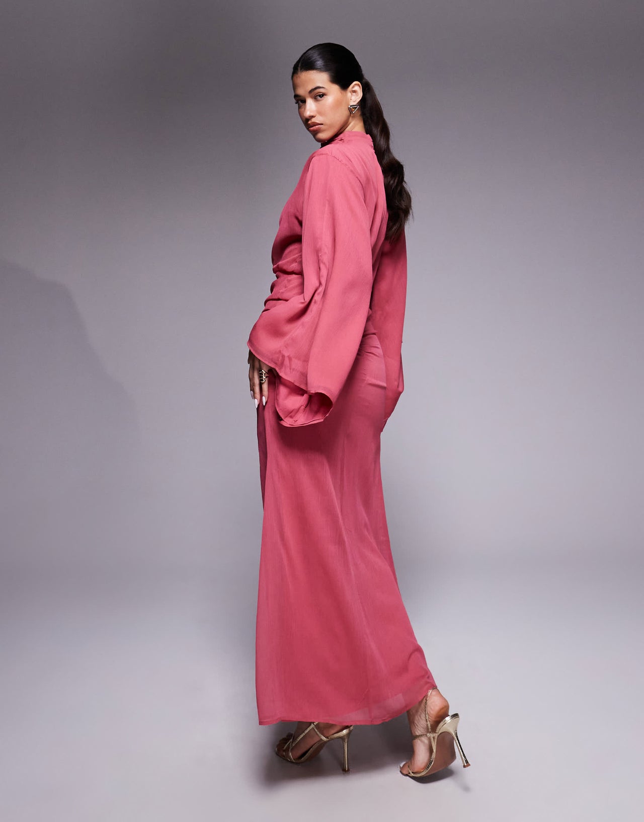ASOS DESIGN volume sleeve maxi dress with ruched skirt in deep rose