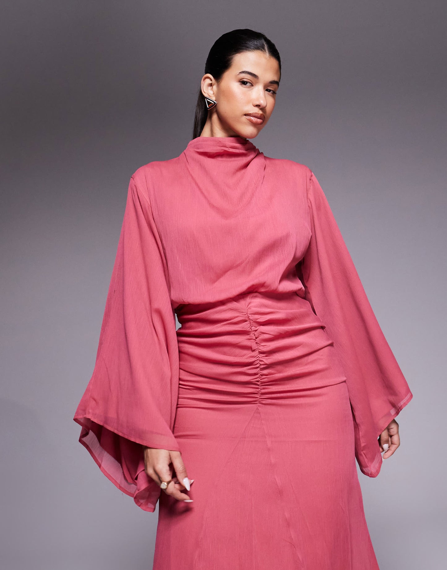 ASOS DESIGN volume sleeve maxi dress with ruched skirt in deep rose