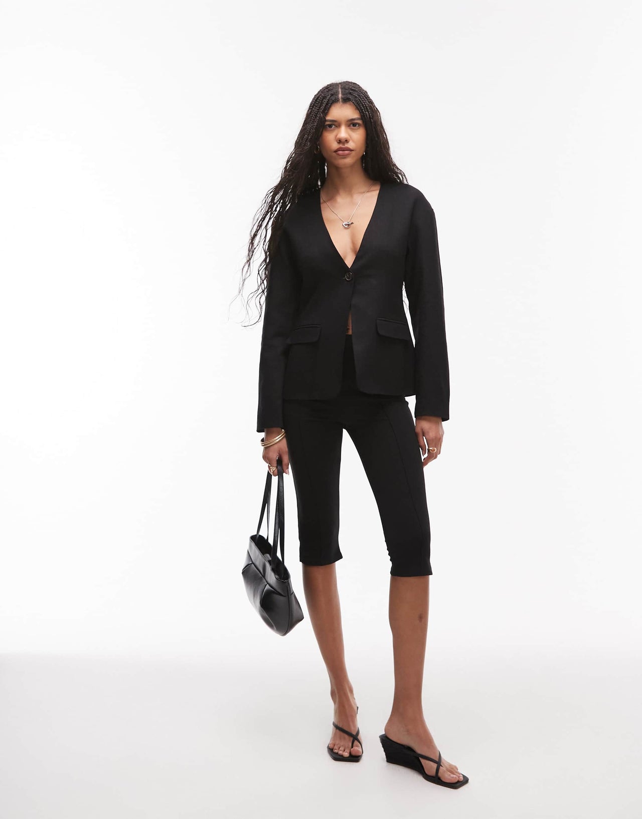 Topshop collarless linen ovoid sleeve blazer in black