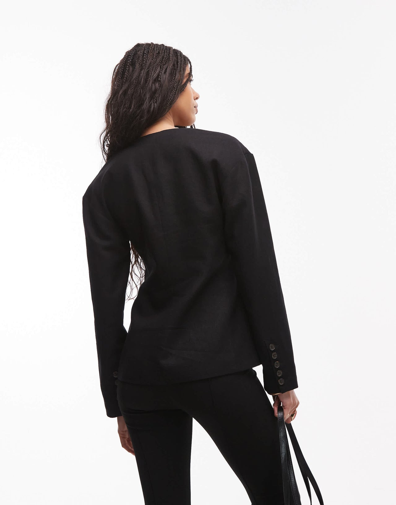 Topshop collarless linen ovoid sleeve blazer in black
