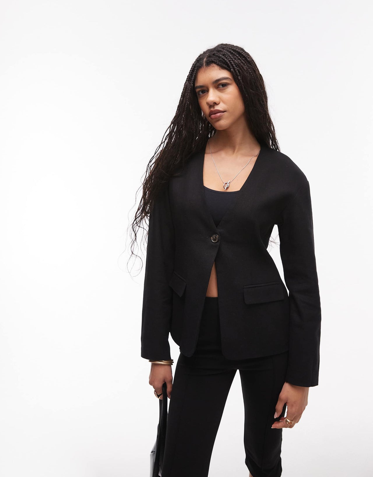 Topshop collarless linen ovoid sleeve blazer in black