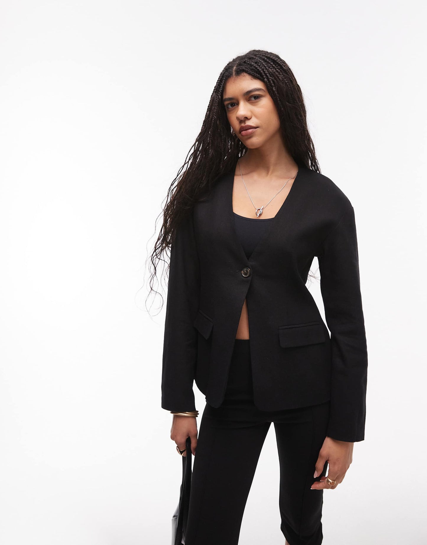 Topshop collarless linen ovoid sleeve blazer in black