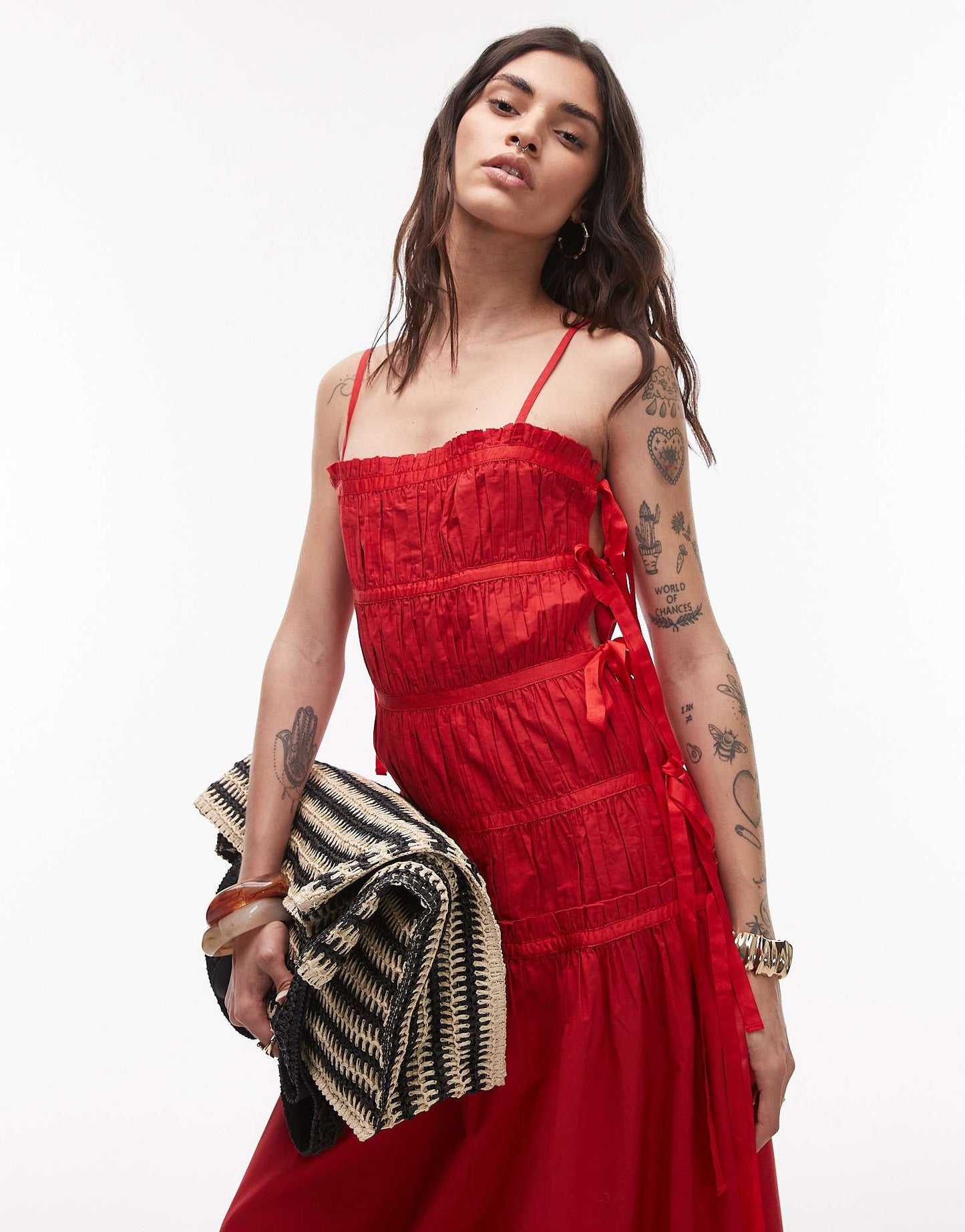 Topshop ruched panel midi dress with tie sides in red