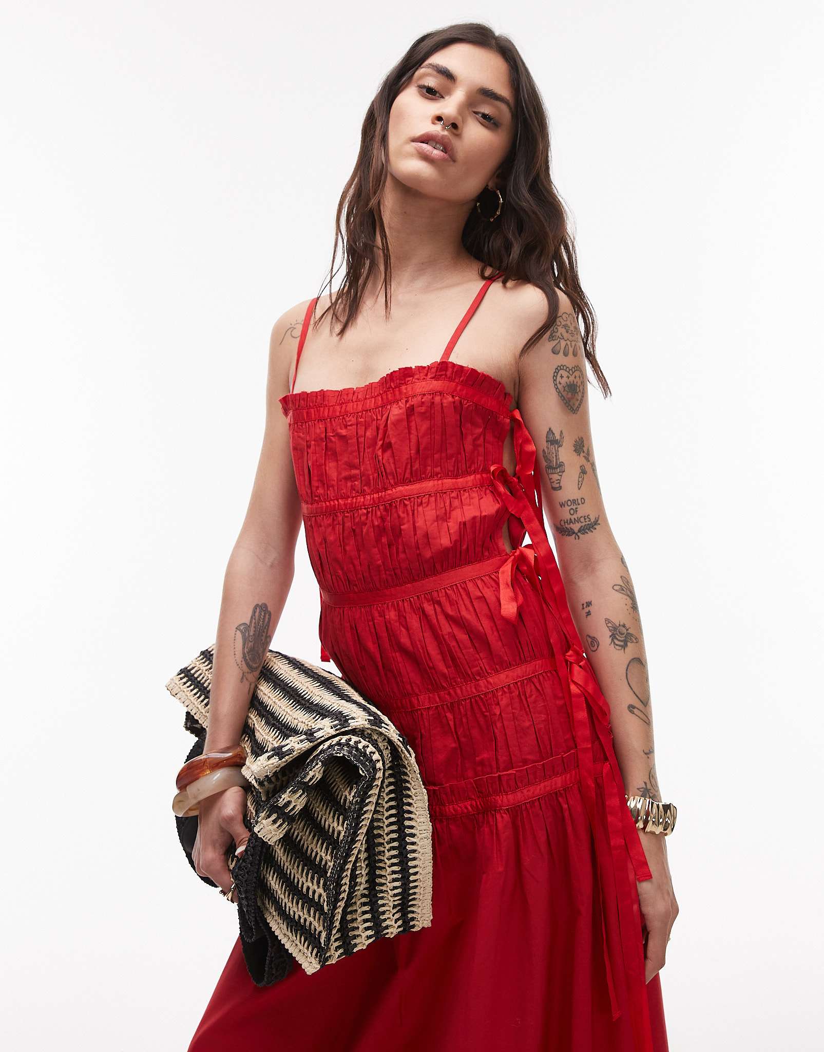 Topshop ruched panel midi dress with tie sides in red