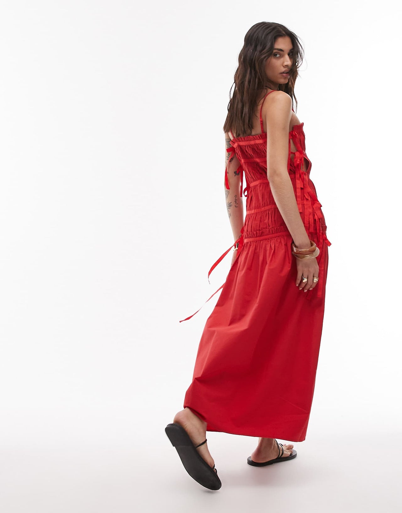 Topshop ruched panel midi dress with tie sides in red