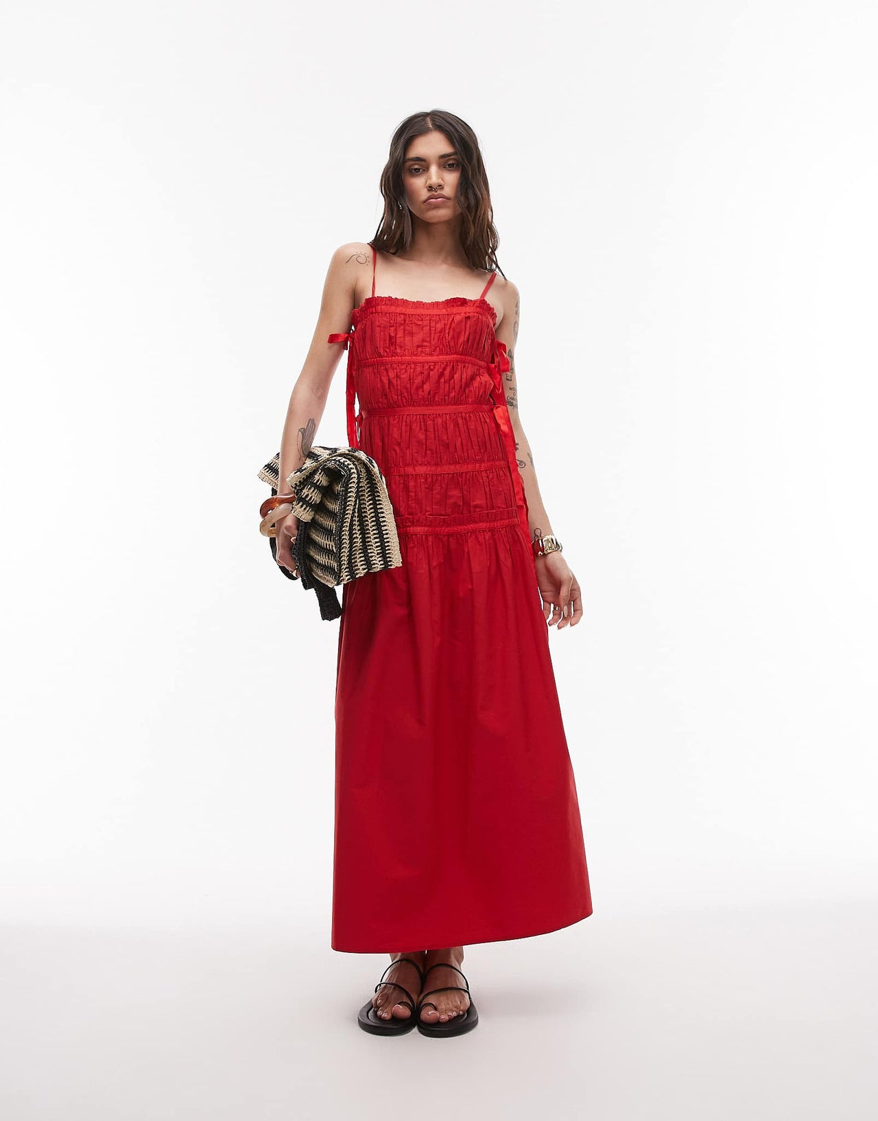 Topshop ruched panel midi dress with tie sides in red