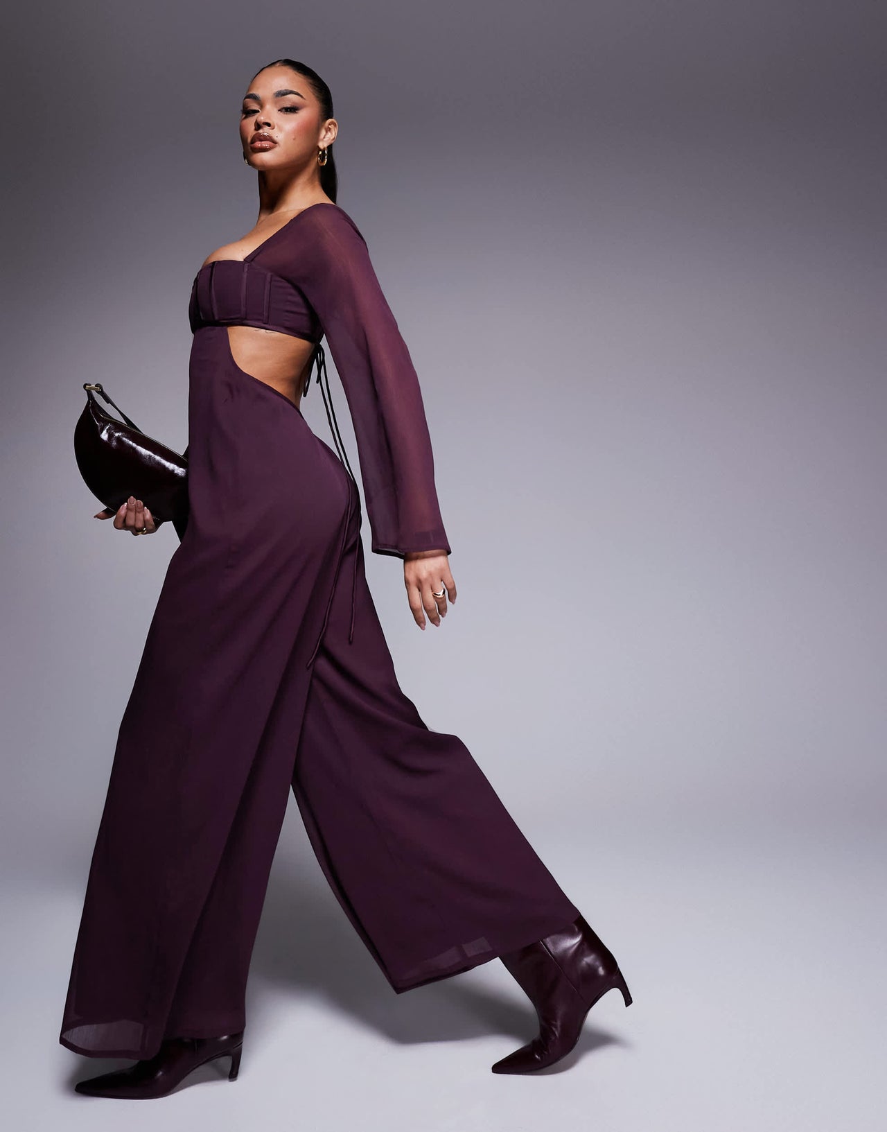 ASOS DESIGN satin corset bust wide leg jumpsuit with cut out in berry