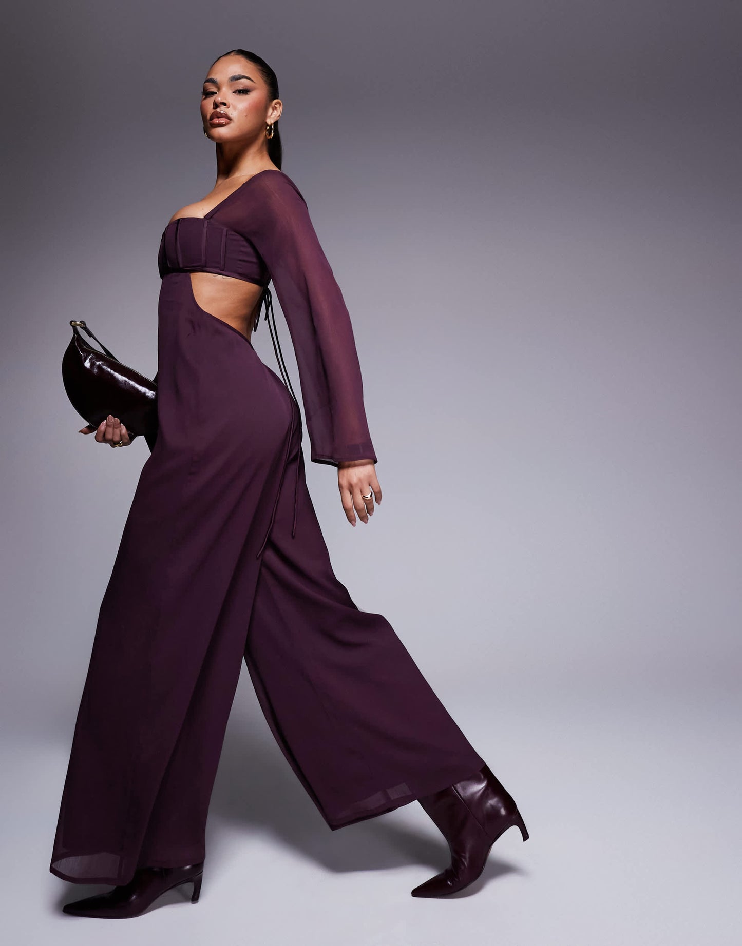 ASOS DESIGN satin corset bust wide leg jumpsuit with cut out in berry