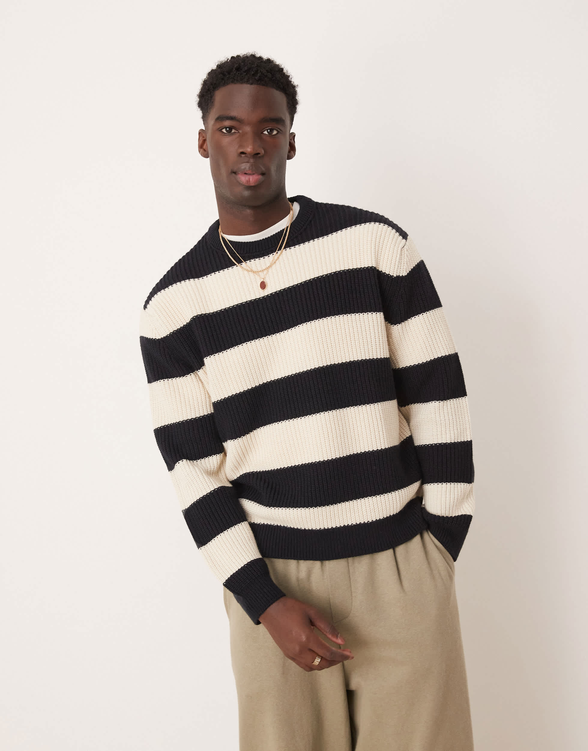ASOS DESIGN oversized boxy fit knitted fisherman rib jumper with stripe in navy