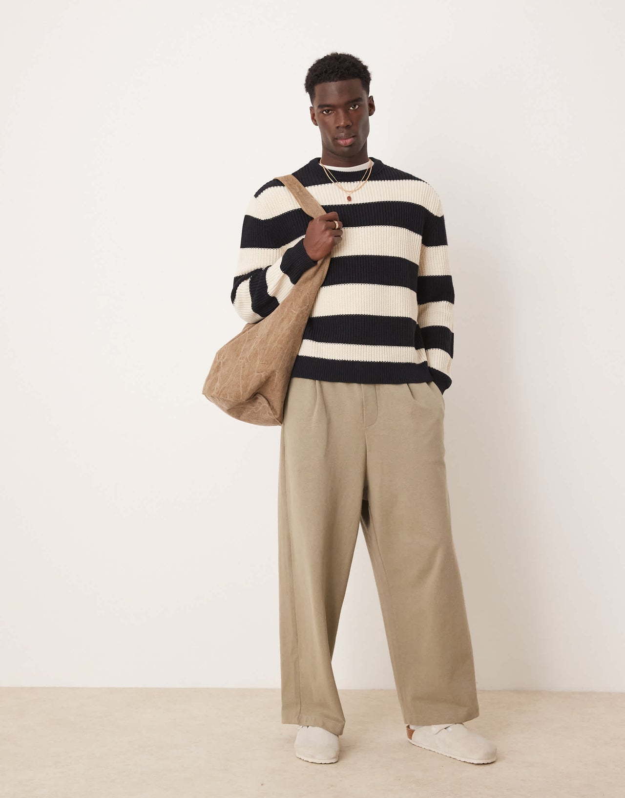 ASOS DESIGN oversized boxy fit knitted fisherman rib jumper with stripe in navy