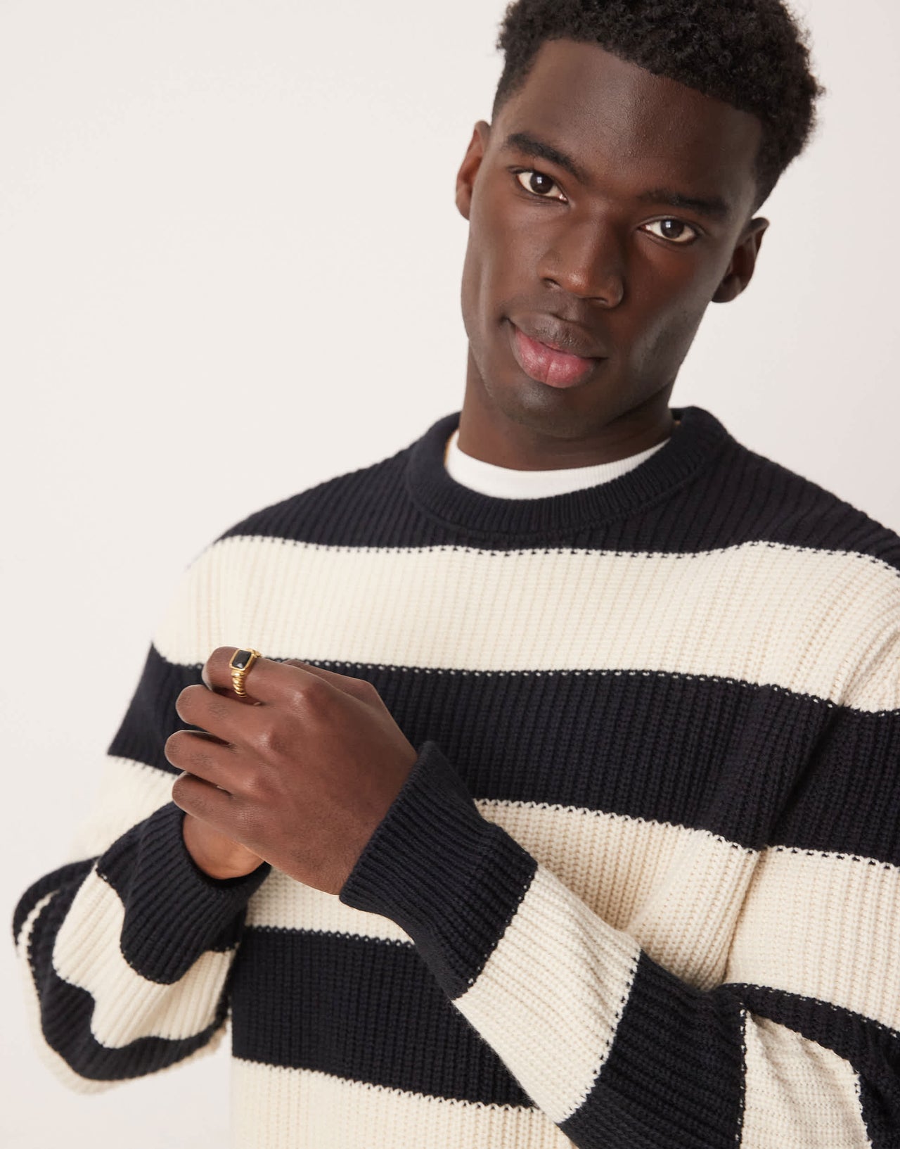 ASOS DESIGN oversized boxy fit knitted fisherman rib jumper with stripe in navy