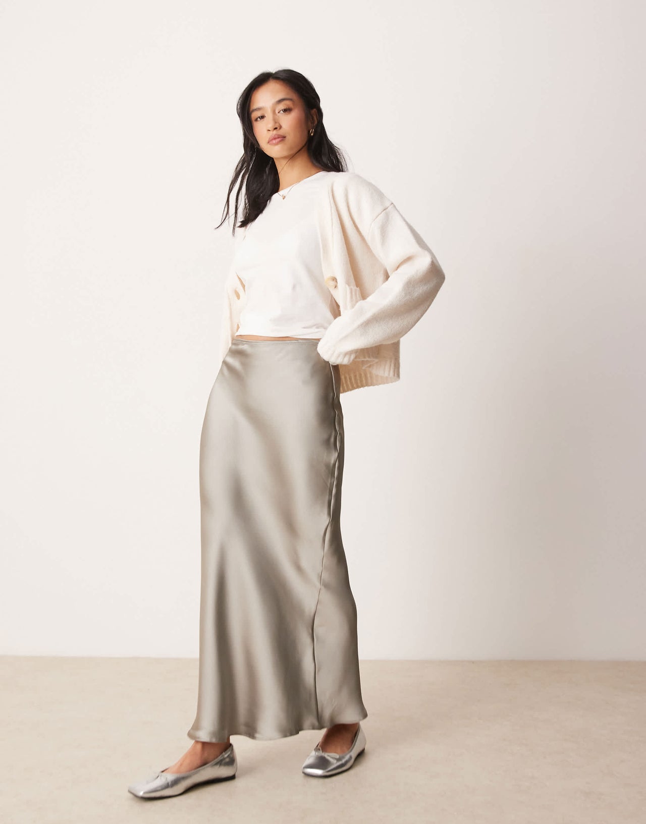 New Look Petite satin midi bias skirt in grey
