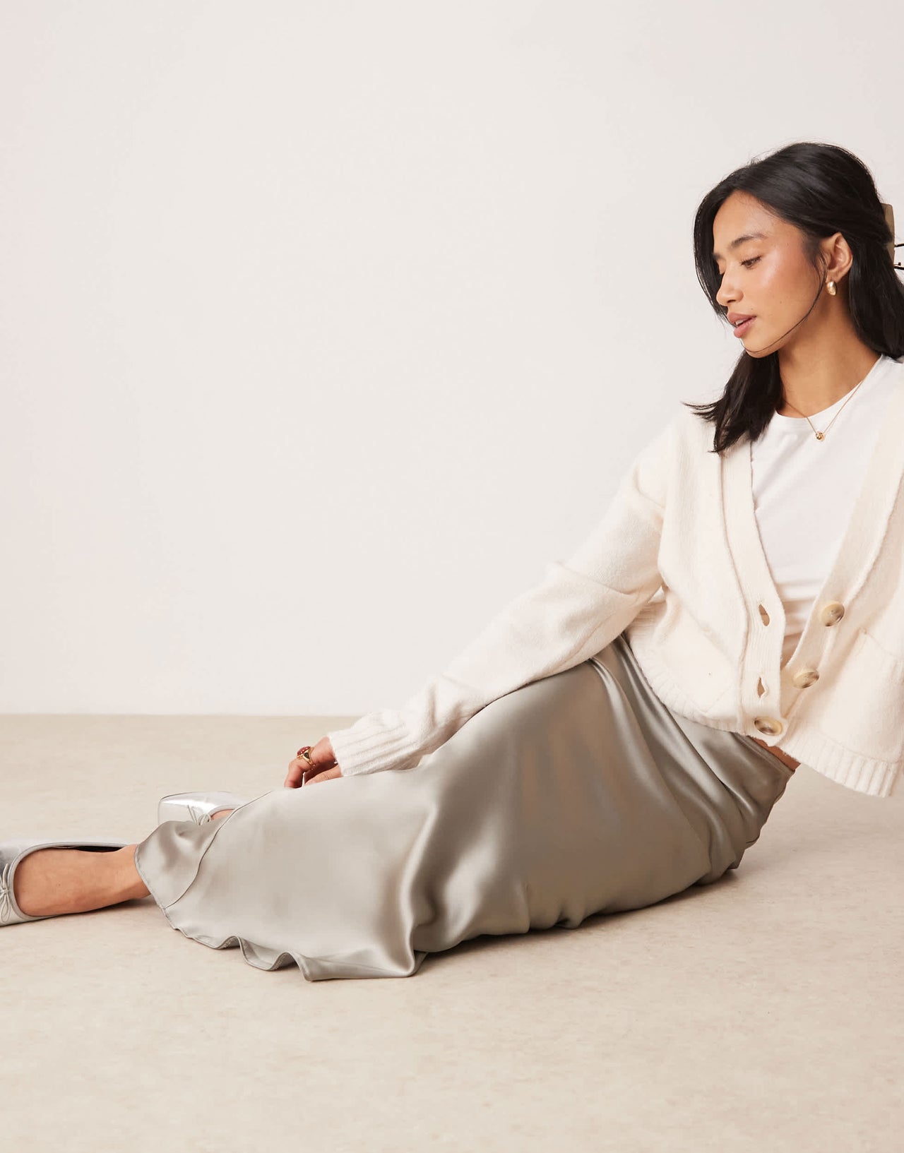 New Look Petite satin midi bias skirt in grey