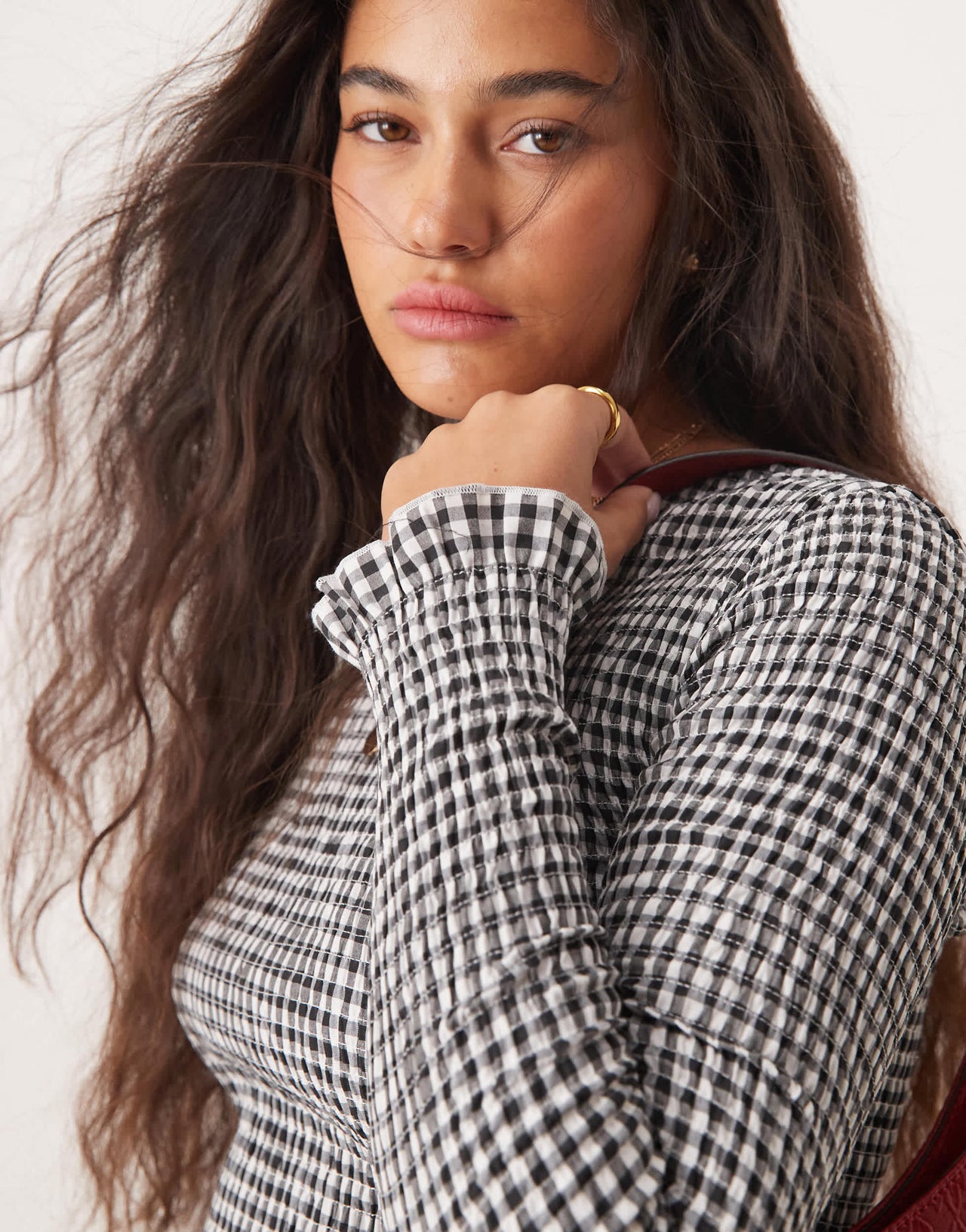 ASOS DESIGN shirred mini dress in mono gingham in black gingham