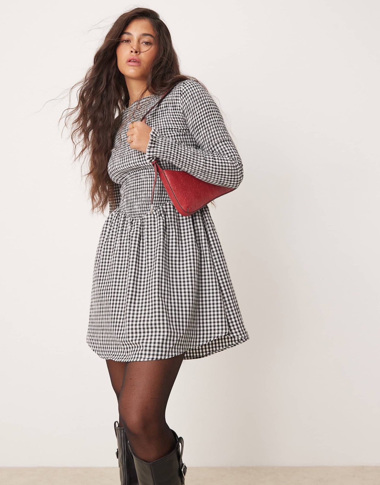 ASOS DESIGN shirred mini dress in mono gingham in black gingham