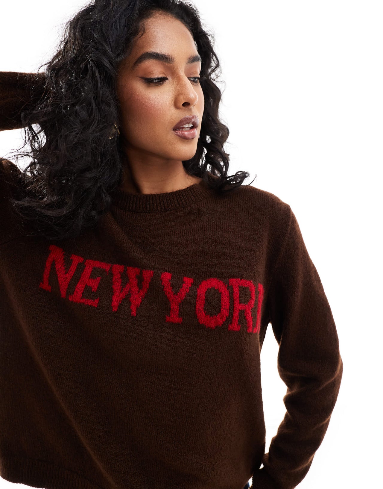 ASOS DESIGN knitted jumper with New York graphic in chocolate brown