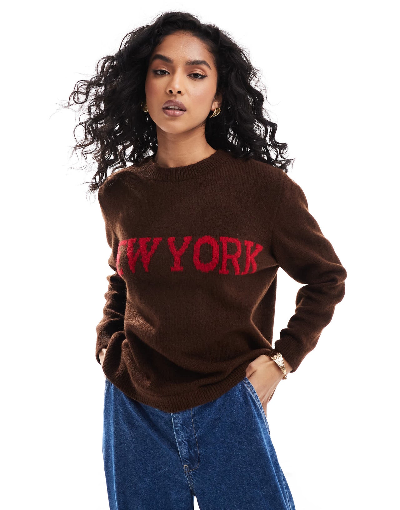 ASOS DESIGN knitted jumper with New York graphic in chocolate brown