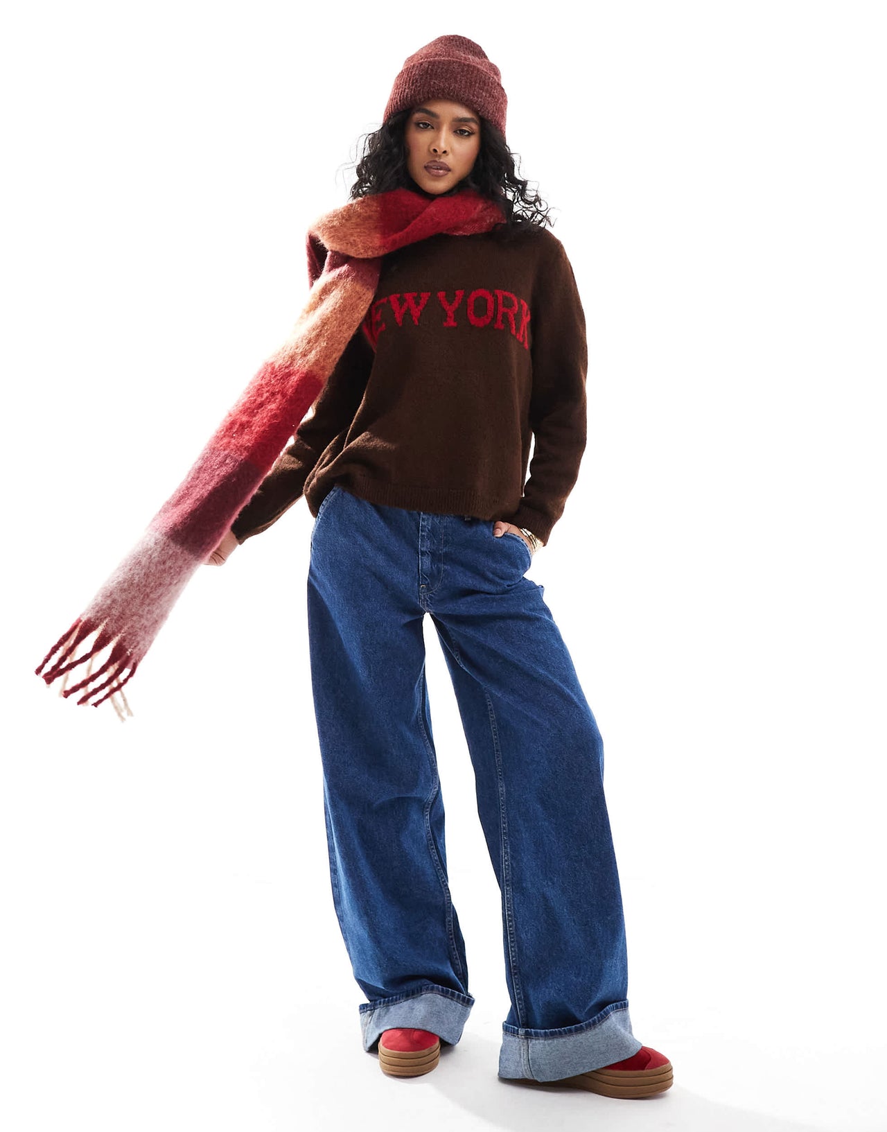 ASOS DESIGN knitted jumper with New York graphic in chocolate brown