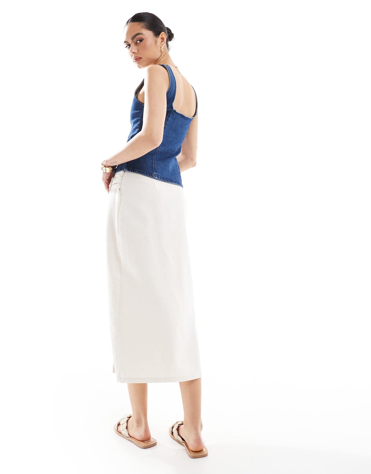 Pimkie linen blend wrap buckle detail midi skirt in cream
