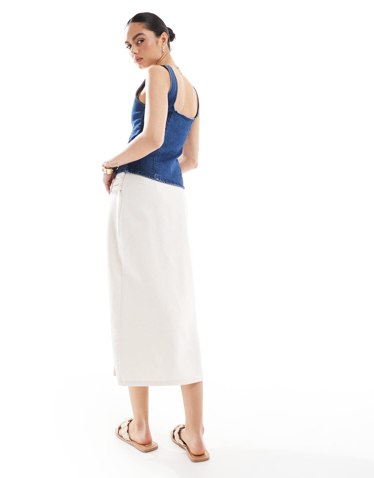 Pimkie linen blend wrap buckle detail midi skirt in cream
