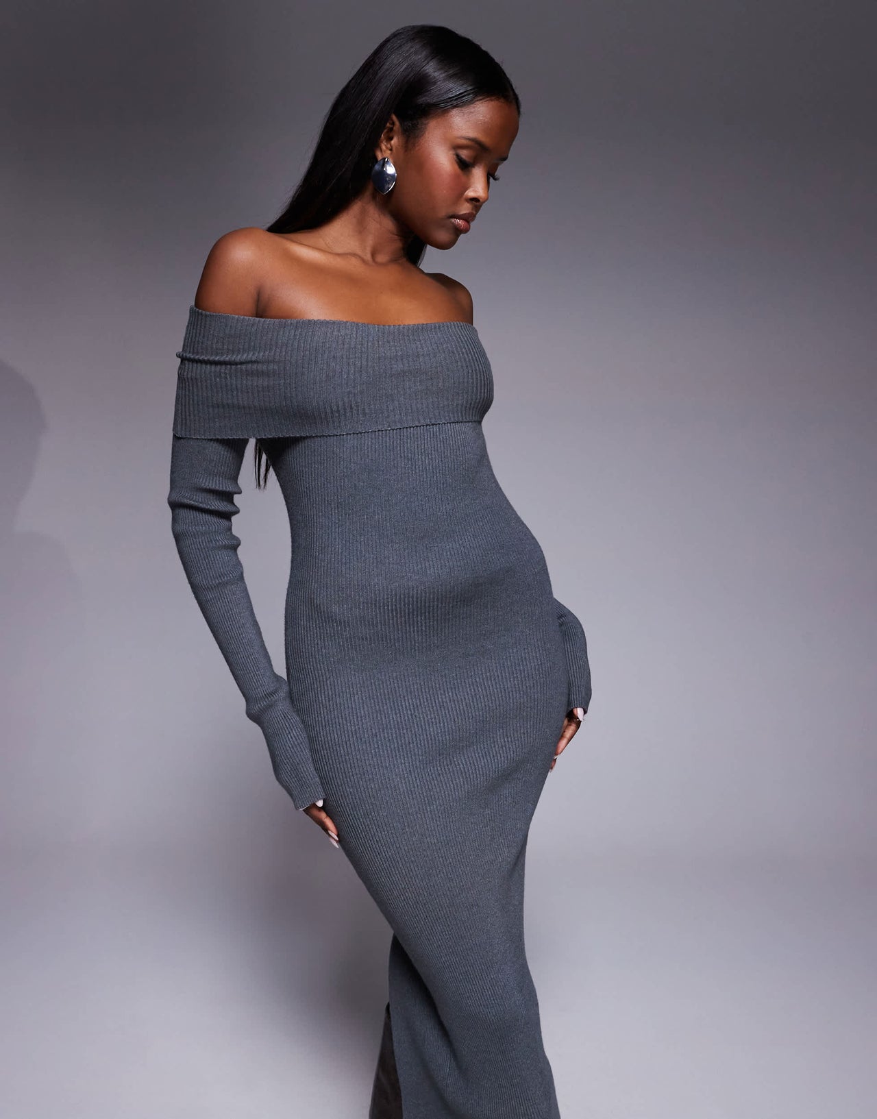 Princess Polly Phylis foldover bardot ribbed knit back split maxi dress in charcoal
