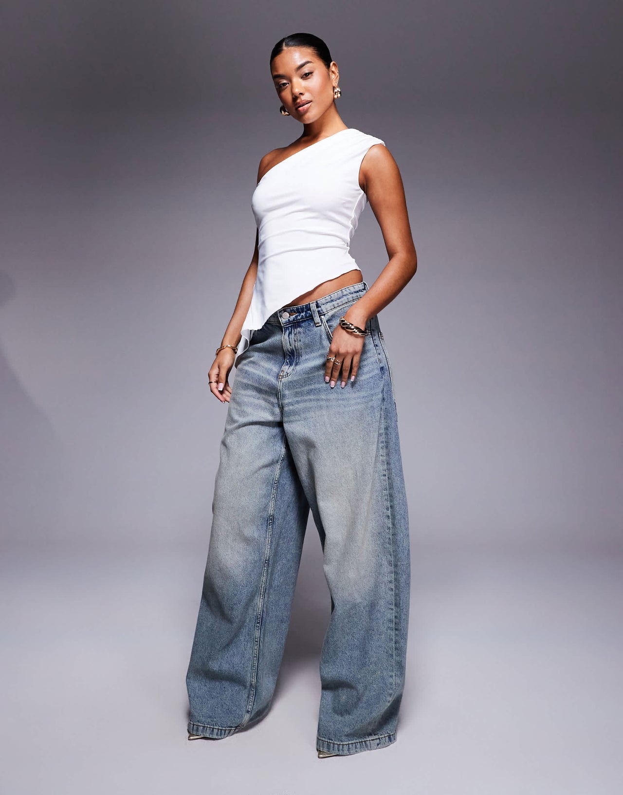 Princess Polly slinky asymmetric hem one shoulder top in white