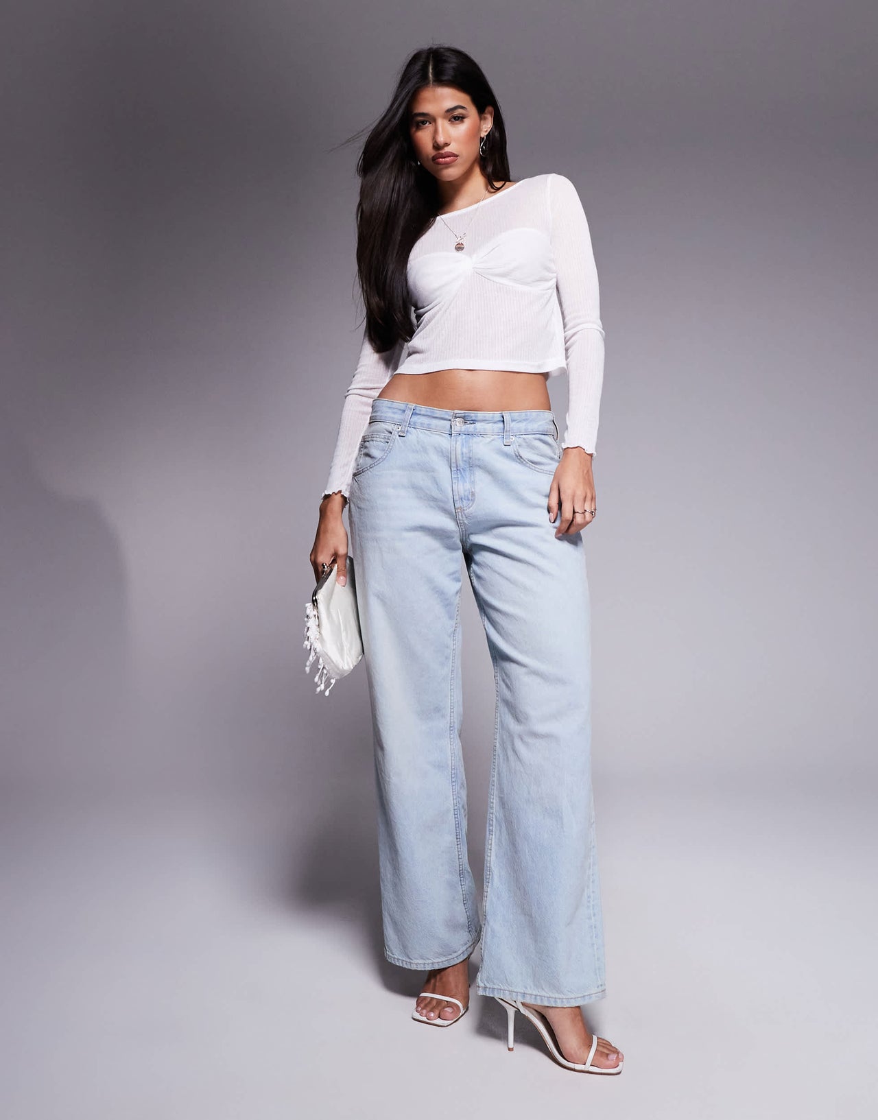 Princess Polly fine rib slash neck bust detail long sleeve top in white