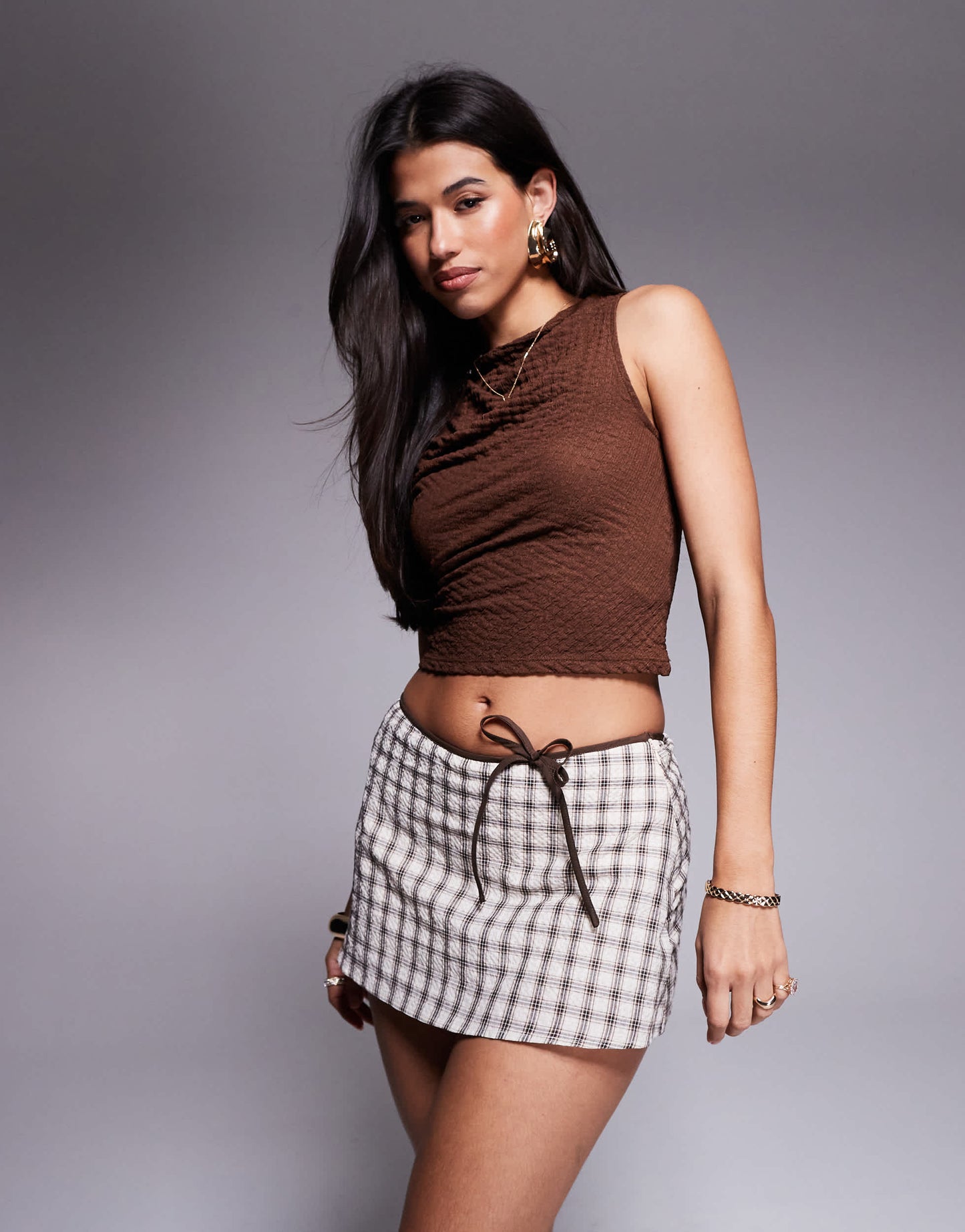 Princess Polly bow detail mini skirt in brown check