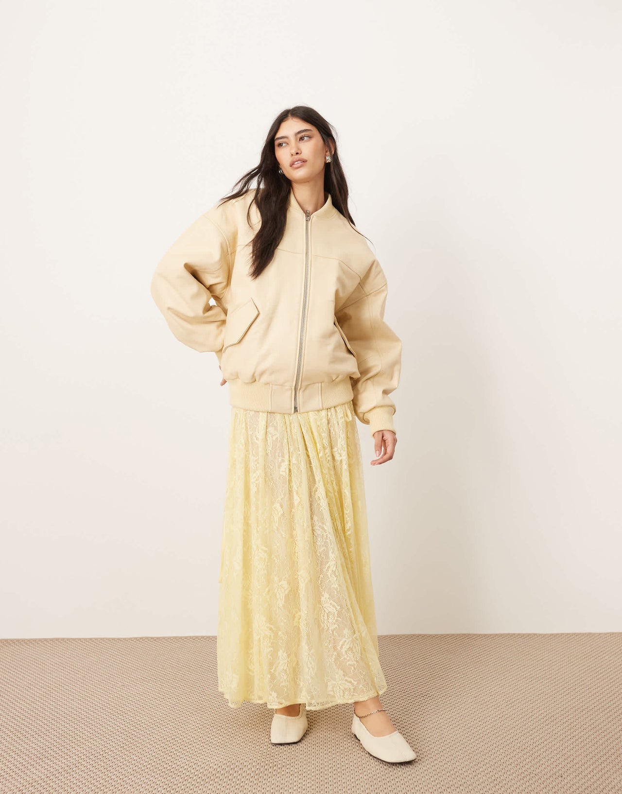 ARRANGE lace drawstring detail volume maxi skirt in lemon