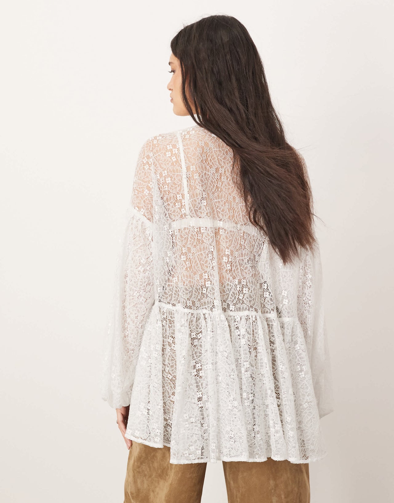 ARRANGE sheer delicate lace volume blouse in light blue