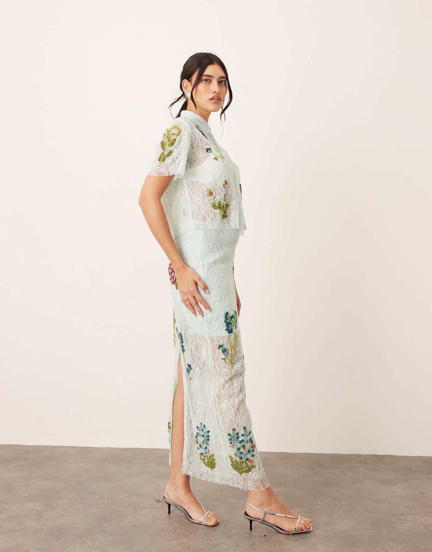 ARRANGE botanical floral embellished lace crop shirt co-ord in light blue