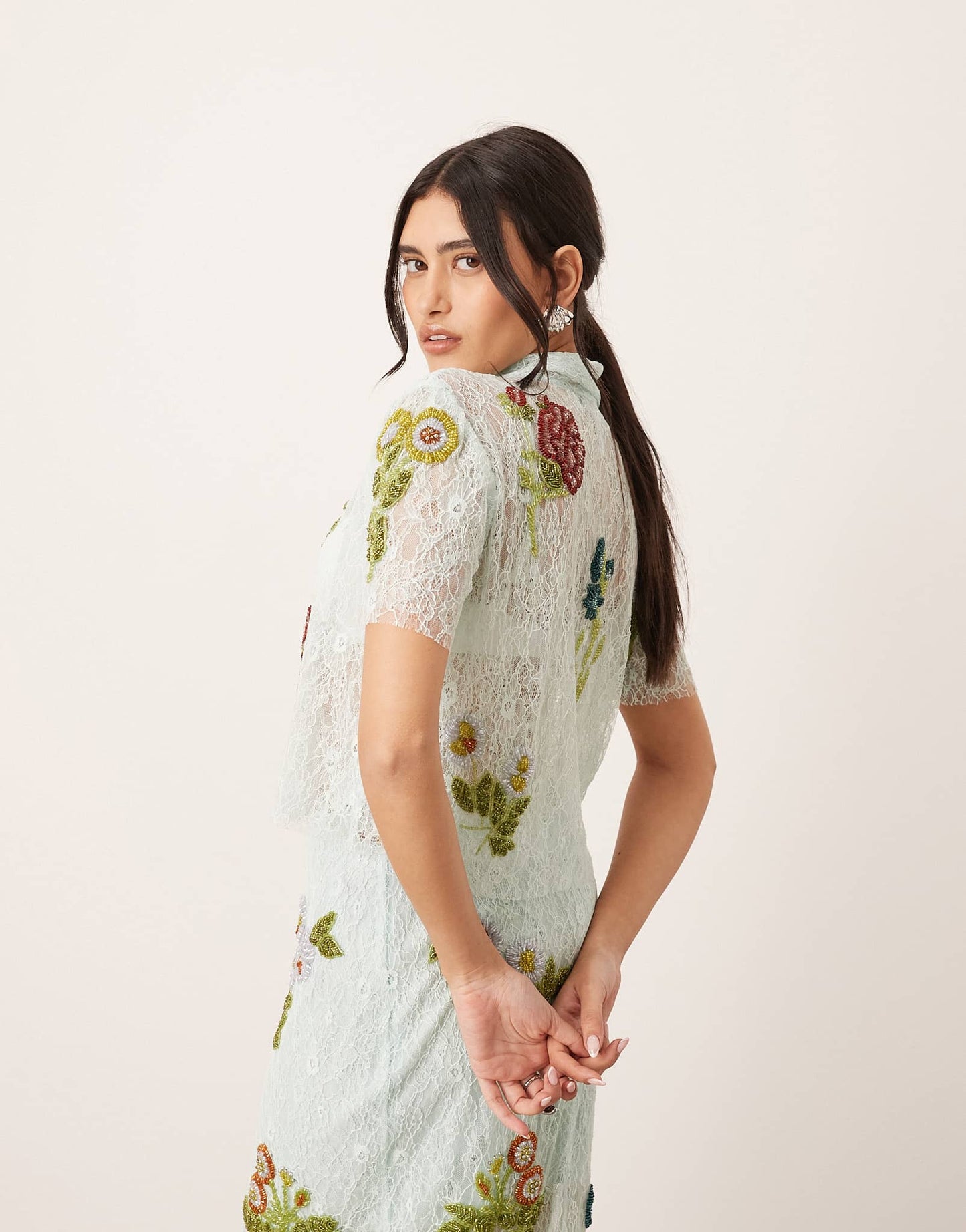 ARRANGE botanical floral embellished lace crop shirt co-ord in light blue