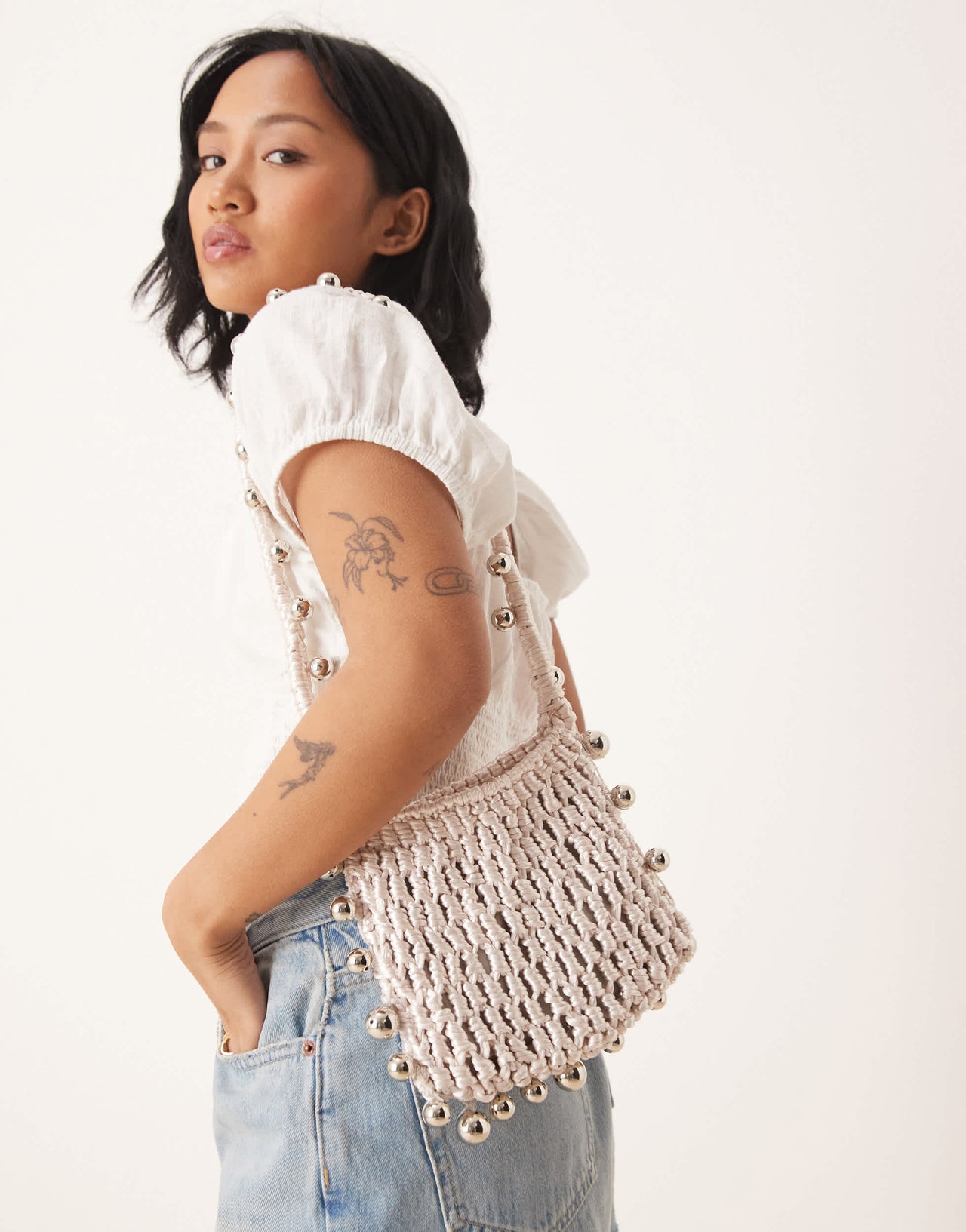 ASOS DESIGN crochet bag with beaded strap in ivory