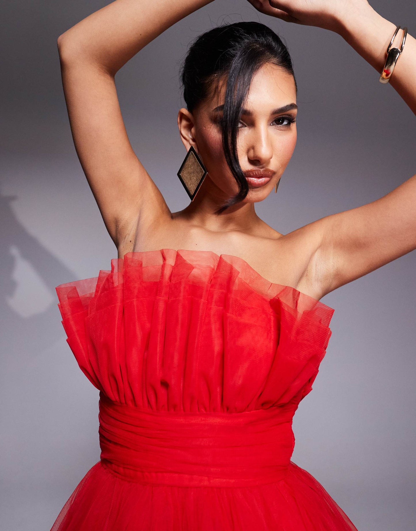 Lace & Beads structured bandeau tulle mini dress in red
