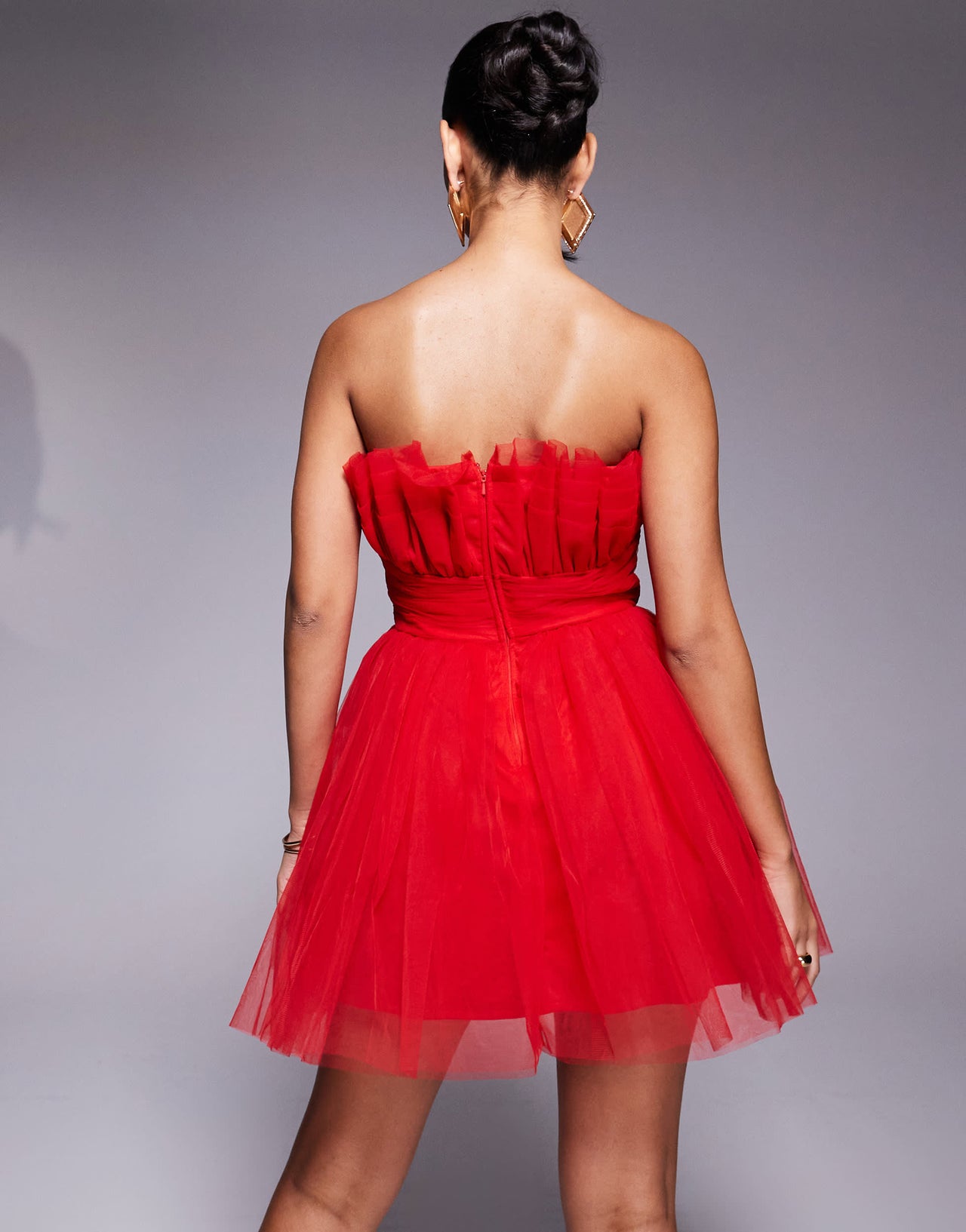 Lace & Beads structured bandeau tulle mini dress in red