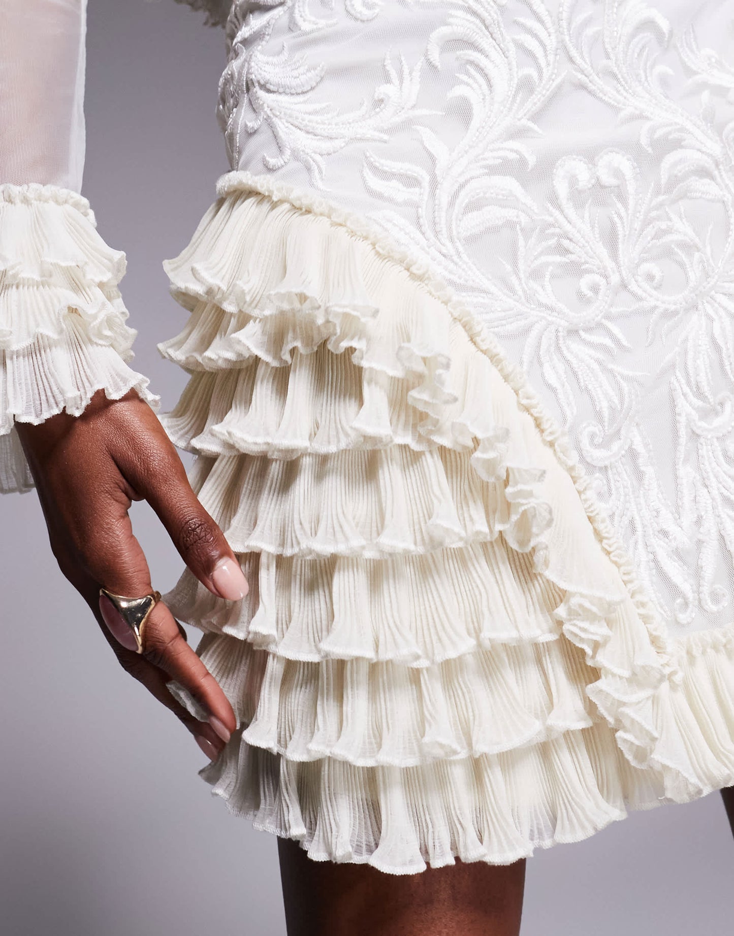 ASOS LUXE co-ord embroidered mini skirt with ruffle detail in cream